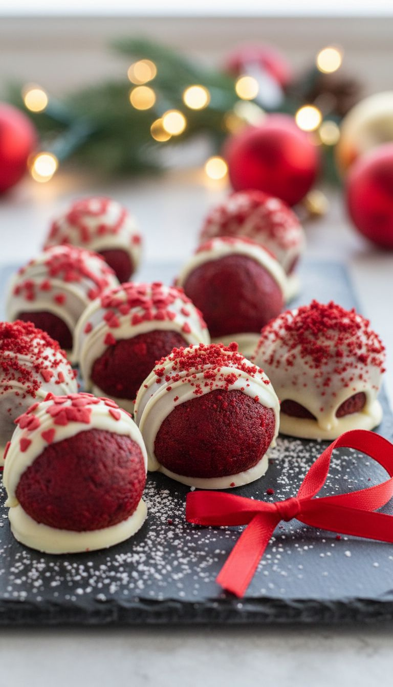 Vibrant Red Velvet Truffles, White Chocolate Coated, With Red Heart Sprinkles On A Black Slate Platter. Festive Holiday Dessert.