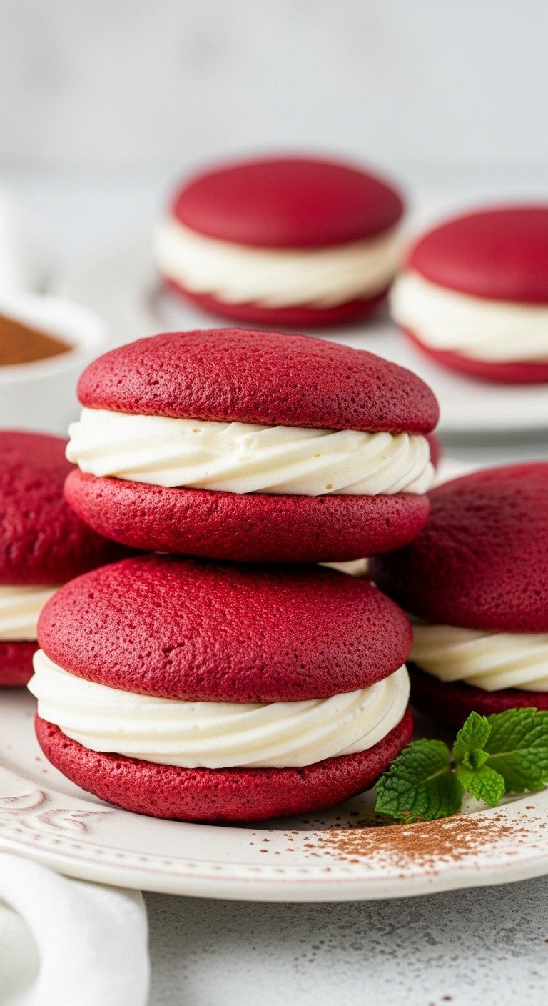 Vibrant Red Velvet Whoopie Pies With Creamy White Frosting, Cocoa Dust, And Mint On A Vintage Plate. Elegant Dessert.