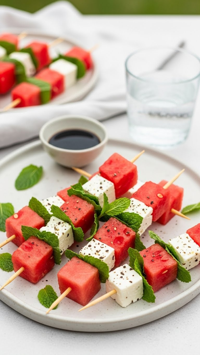 Vibrant Red Watermelon, Creamy Feta, And Green Mint Skewers On A Light Ceramic Platter With Extra Mint And Watermelon Wedges.
