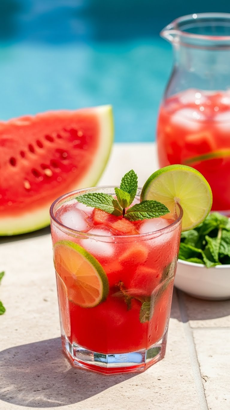 Vibrant Red Watermelon Mint Cooler With Chunks Of Watermelon And Lime Slices Served Over Crushed Ice On Stone Surface.