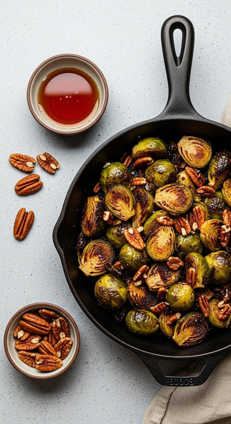 Vibrant Roasted Brussels Sprouts With Maple-Balsamic Glaze, Toasted Pecans In A Cast Iron Skillet On Stone.