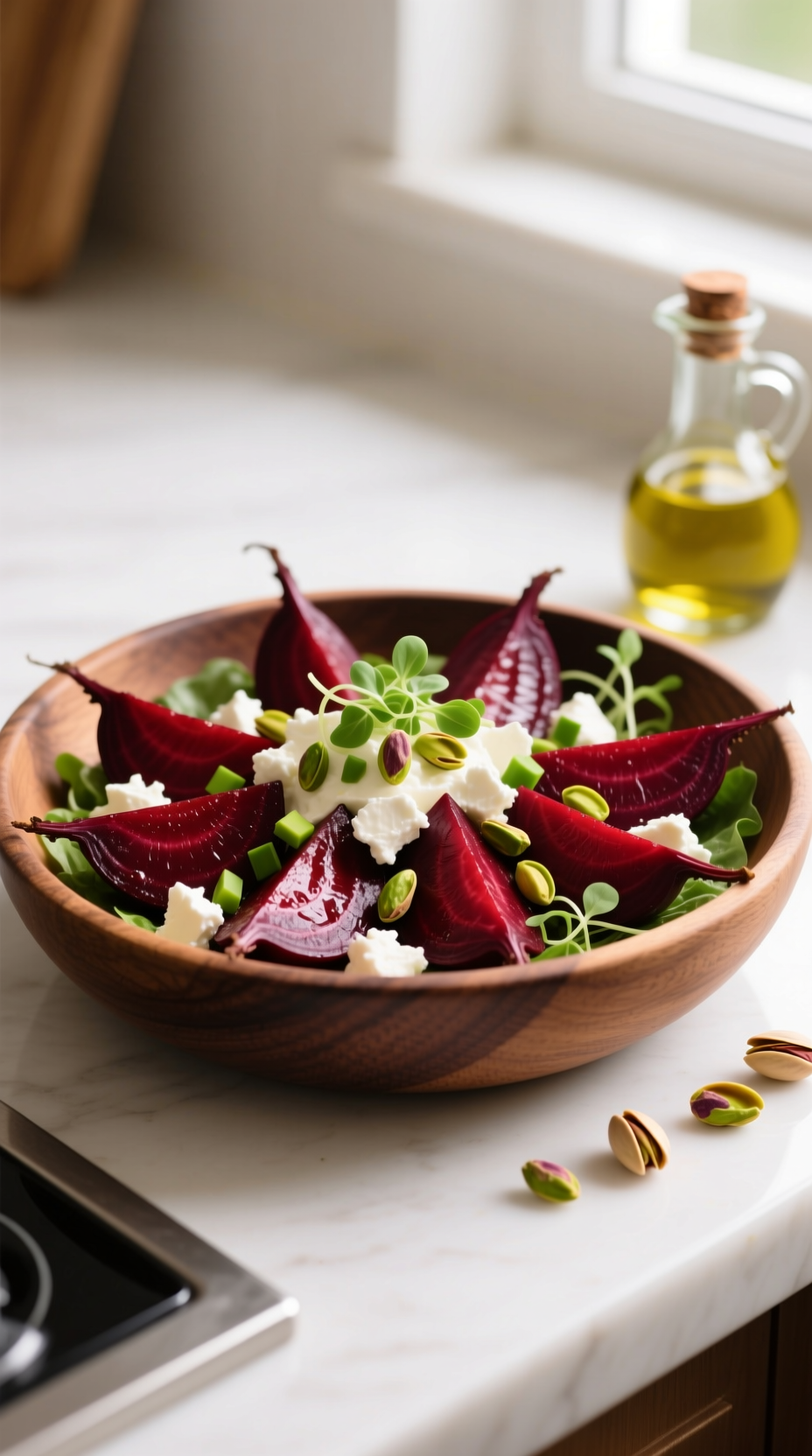 Vibrant Roasted Beet And Goat Cheese Salad With Pistachios, Microgreens, And Olive Oil In A Rustic Wooden Bowl.