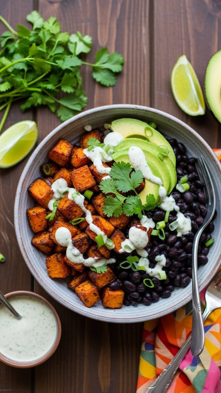 Vibrant Roasted Sweet Potato And Black Bean Bowl With Avocado Slices And Cilantro In A Rustic Ceramic Bowl With Lime Dressing
