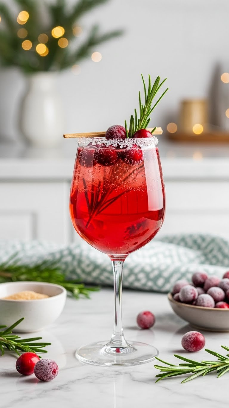 Vibrant Ruby-Red Mocktail In Elegant Flute With Fresh Cranberries And Rosemary Sprig On Marble Countertop