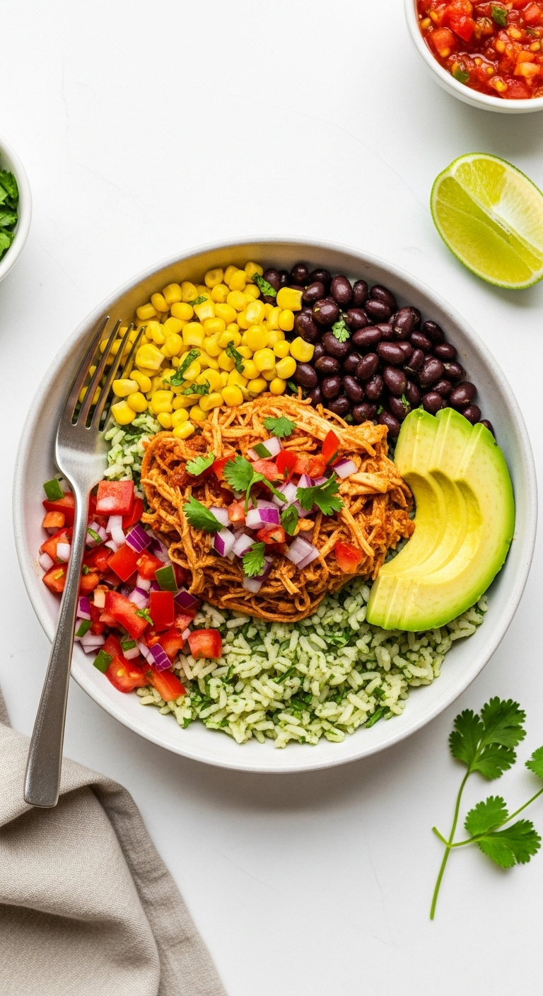 Vibrant Salsa Chicken Burrito Bowl With Cilantro Lime Rice Shredded Chicken Black Beans Corn Pico De Gallo And Avocado