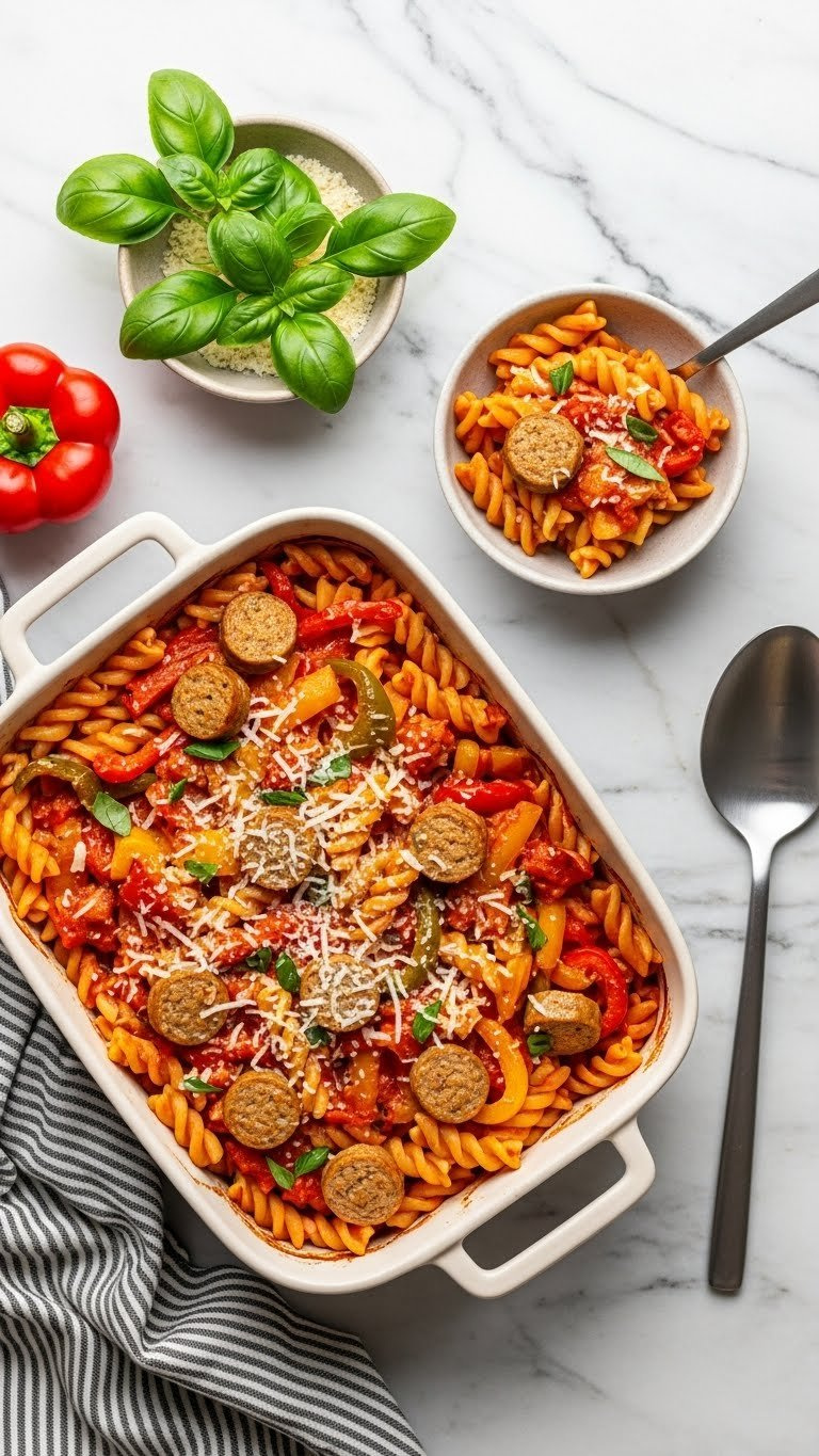 Vibrant Sausage And Pepper Pasta Bake With Italian Sausage, Colorful Bell Peppers, And Rich Tomato Sauce