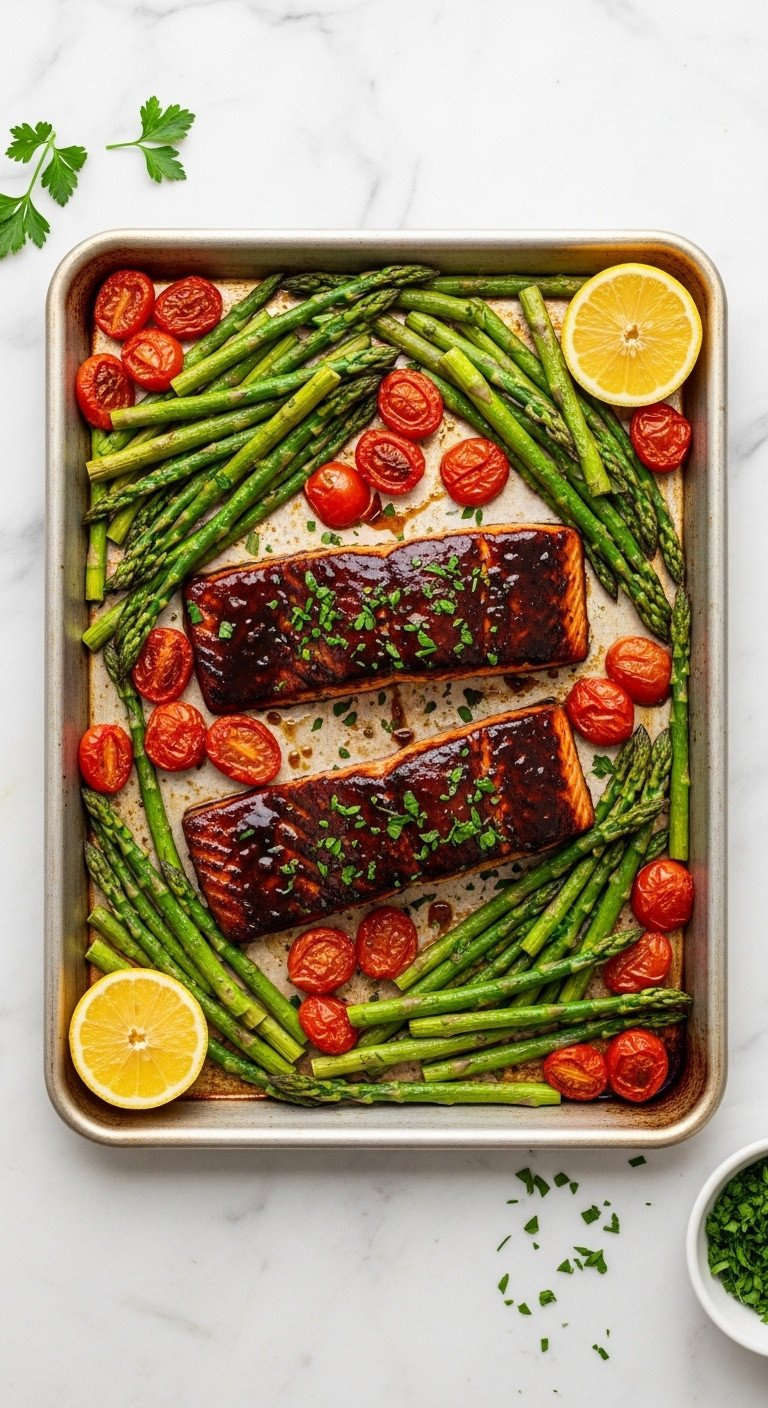 Vibrant Sheet-Pan Balsamic Salmon With Roasted Asparagus, Cherry Tomatoes, Fresh Lemon, And Parsley On A Metal Sheet.