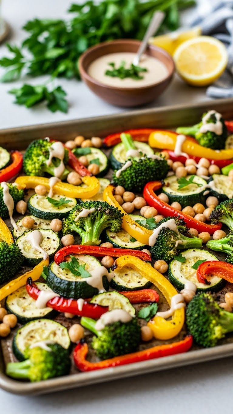 Vibrant Sheet Pan Roasted Vegetables With Broccoli, Bell Peppers, Zucchini, And Crispy Chickpeas Glistening With Olive Oil And Tahini Sauce