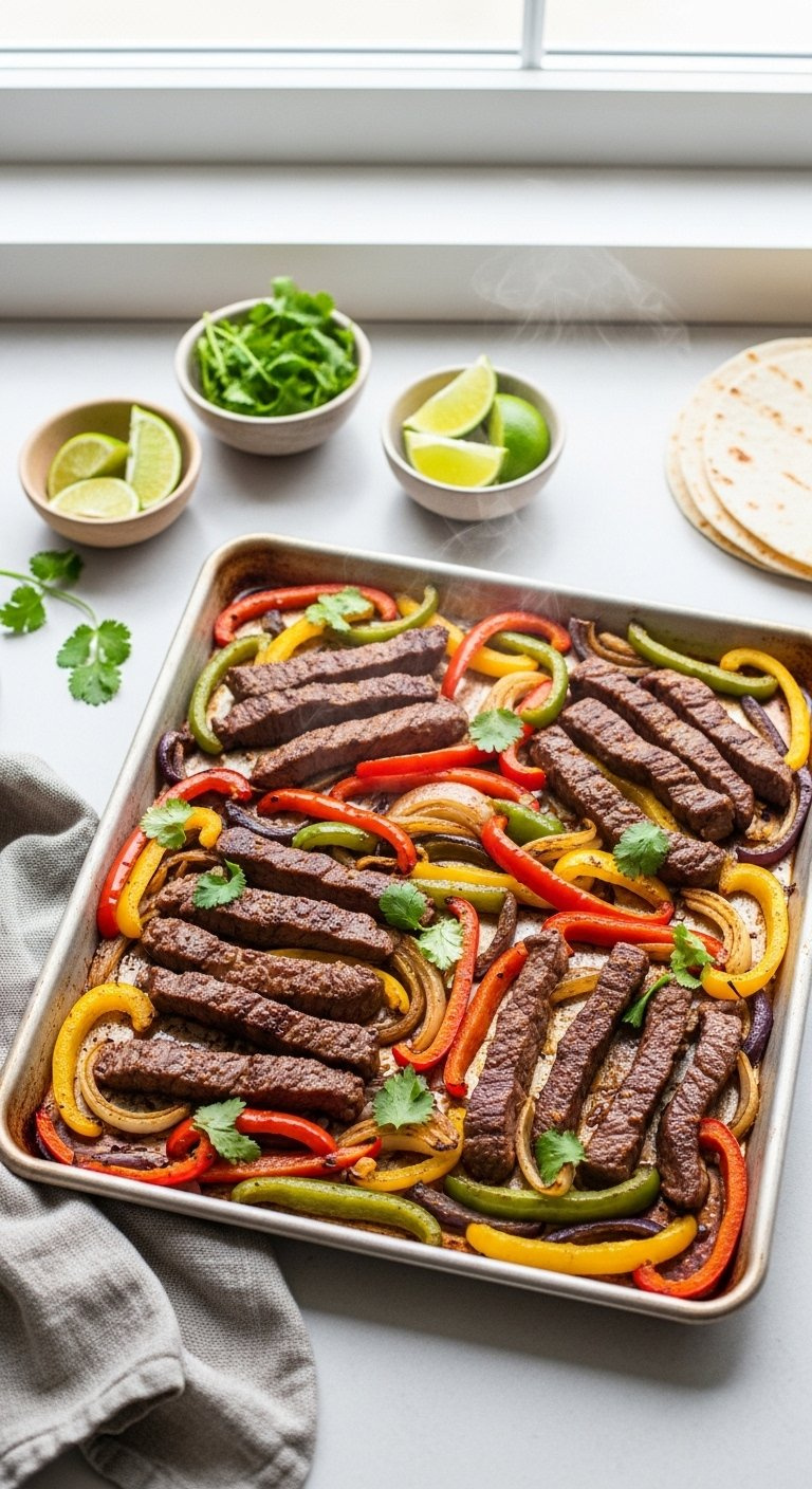 Vibrant Sheet Pan Steak Fajitas Featuring Seared Sirloin Strips, Colorful Bell Peppers, And Onions Served With Tortillas.
