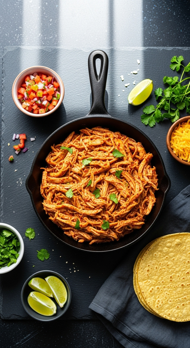 Vibrant Shredded Slow Cooker Chicken Taco Filling In A Cast Iron Skillet With Pico De Gallo Cheese Cilantro And Tortillas