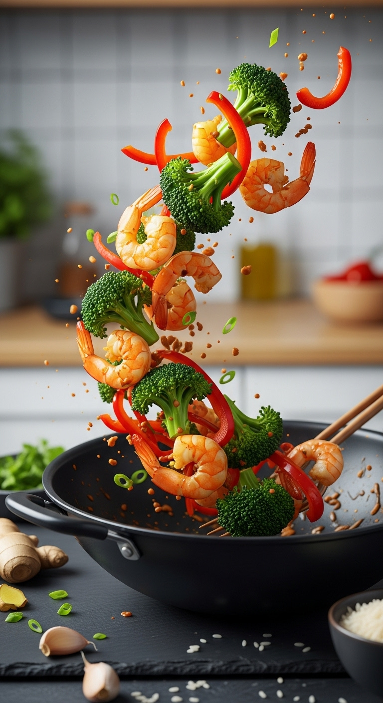 Vibrant Shrimp And Veggie Stir-Fry With Broccoli And Bell Pepper In A Black Wok, Captured Mid-Toss With Raw Ingredients And Rice