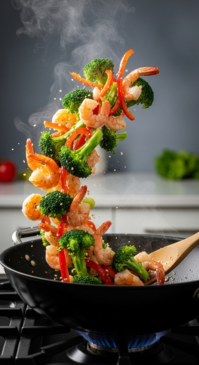 Vibrant Shrimp Stir-Fry With Broccoli And Red Bell Pepper In A Wok, Captured Mid-Toss With Steam And A Wooden Spoon