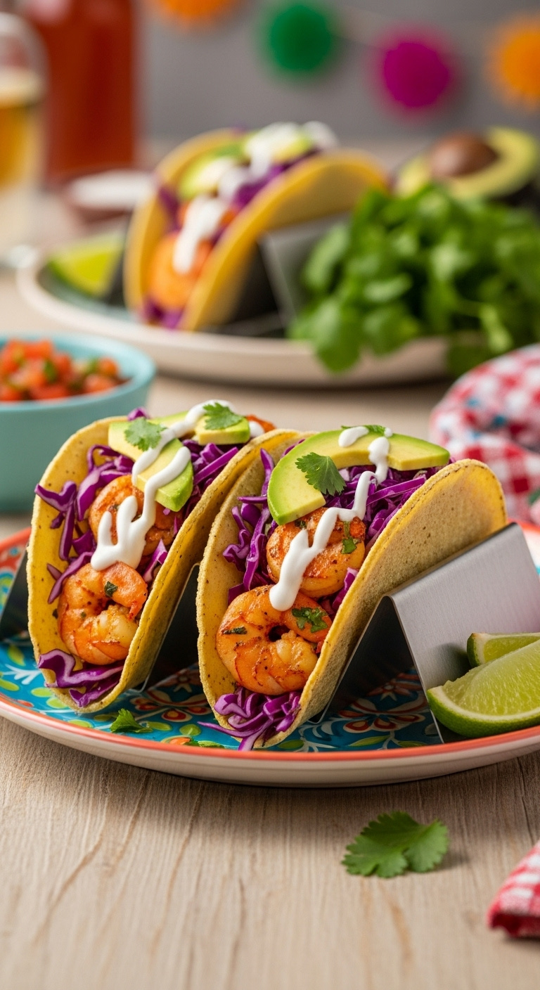 Vibrant Shrimp Tacos With Purple Cabbage Slaw, Avocado, And Crema In A Taco Holder With Salsa, Lime, And Cilantro