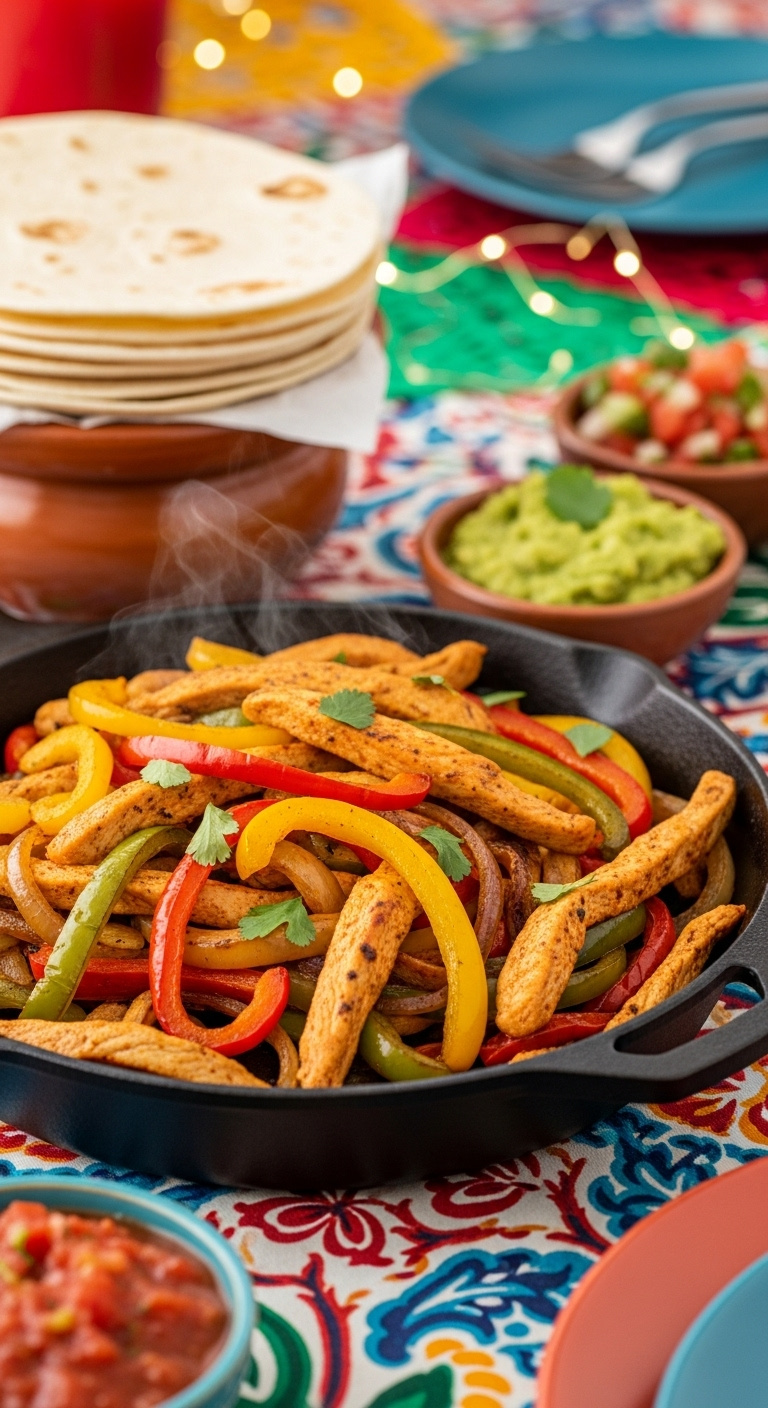 Vibrant Sizzling Slow Cooker Fajita Filling With Tender Chicken Bell Peppers And Onions In A Cast Iron Pan With Tortillas And Dips