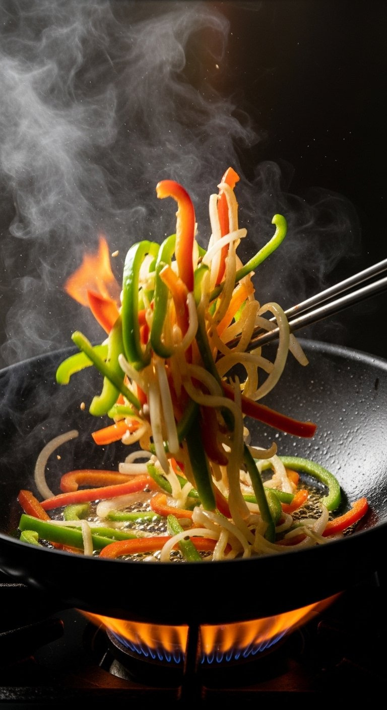 Vibrant Sliced Bell Peppers And Onions Being Stir-Fried In A Hot Wok With Steam Rising In A Professional Kitchen.