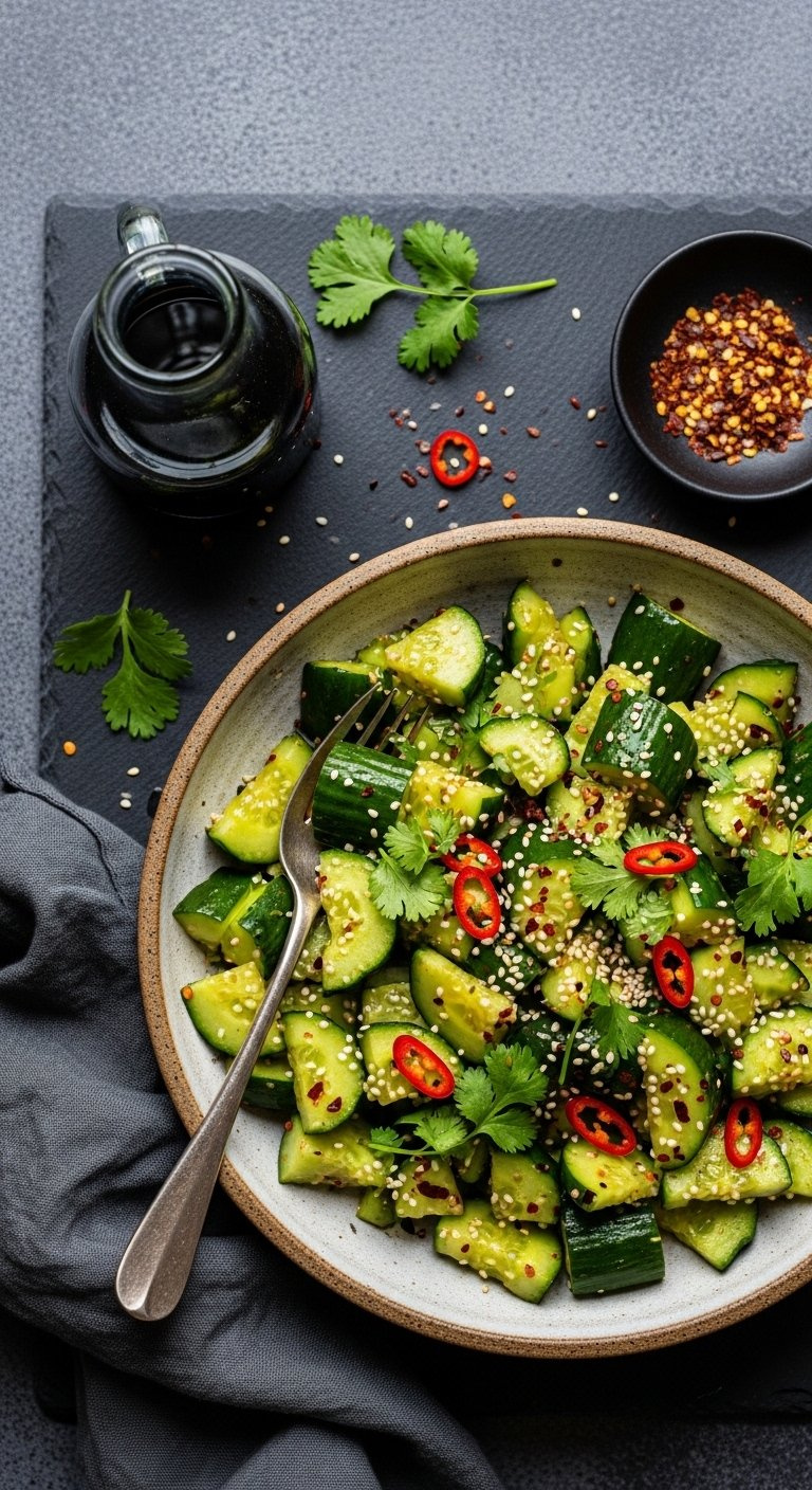 Vibrant Smashed Cucumber Salad With Chili Flakes And Sesame Seeds In A Rustic Ceramic Bowl Top-Down View.