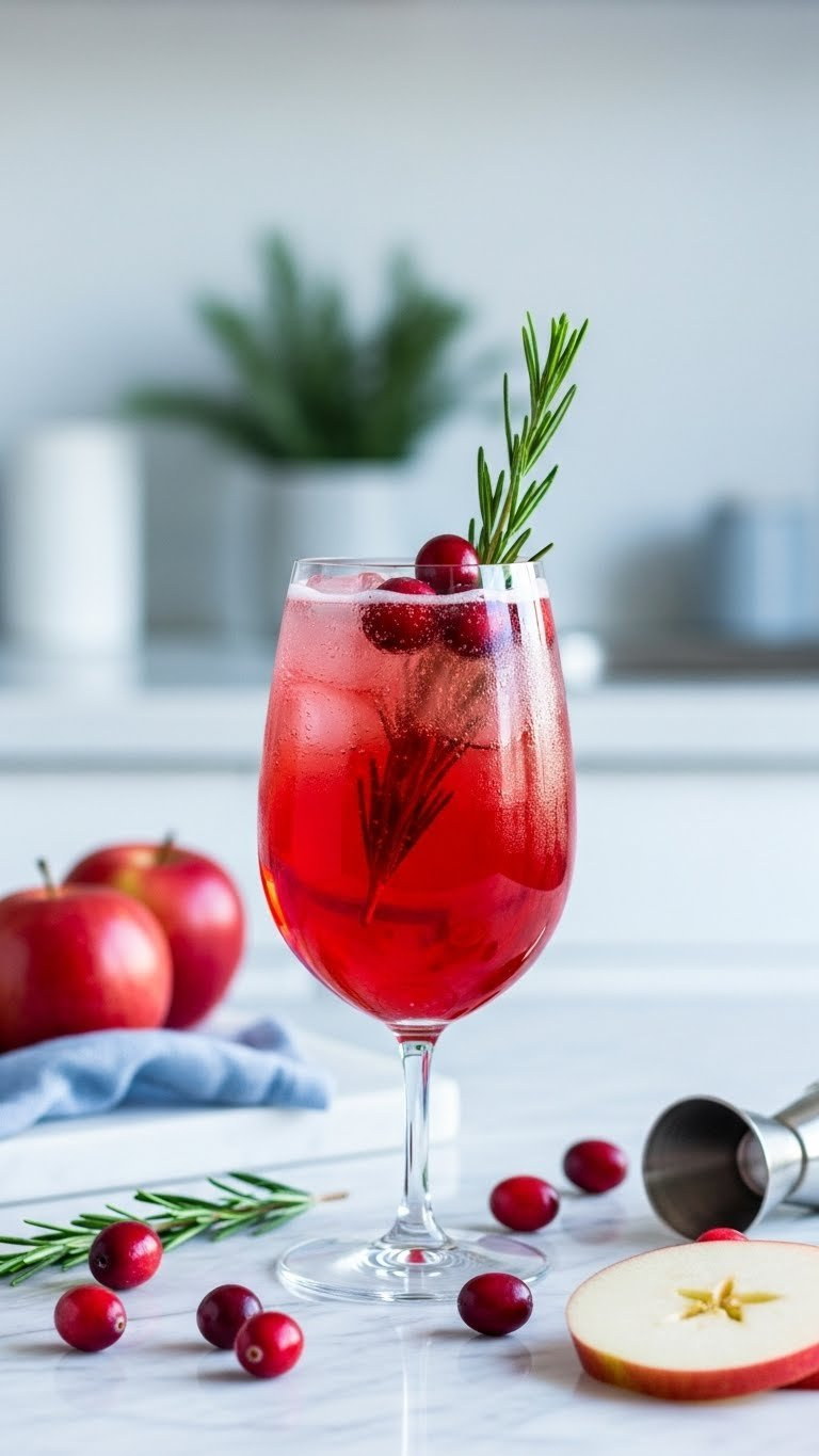 Vibrant Sparkling Cranberry Apple Spritzer In Tall Glass With Fresh Cranberries And Rosemary Sprig On Marble Countertop