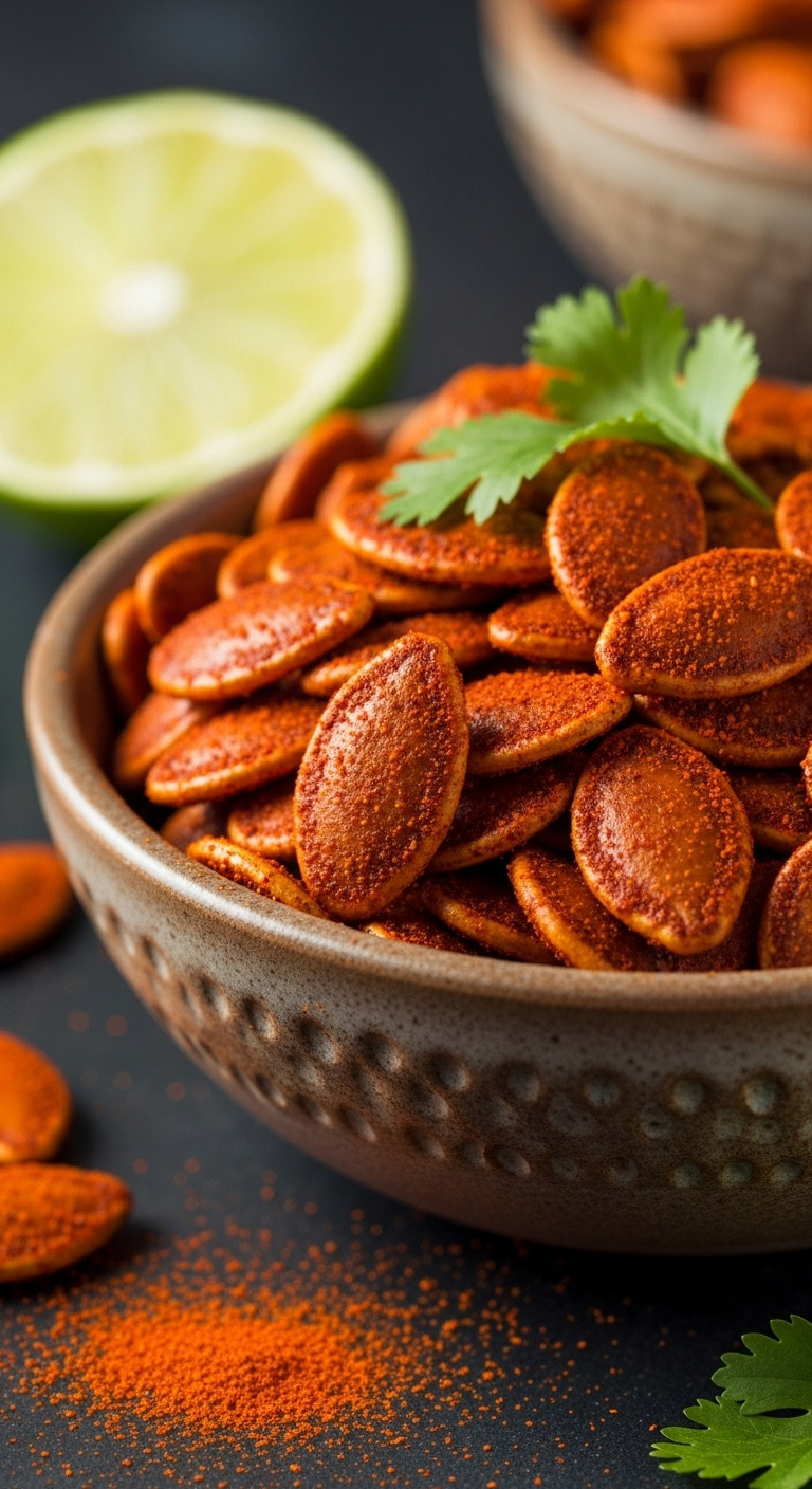 Vibrant Spicy Chili Lime Roasted Pumpkin Seeds In A Rustic Terracotta Bowl With A Lime Wedge And Chili Powder.