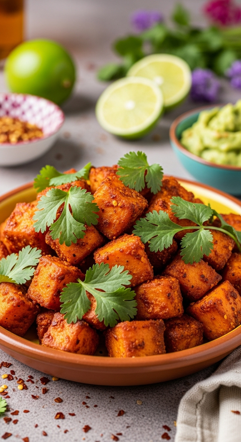 Vibrant Spicy Chili Lime Roasted Sweet Potato Cubes With Cilantro In A Terracotta Bowl With Lime Wedges And Guacamole