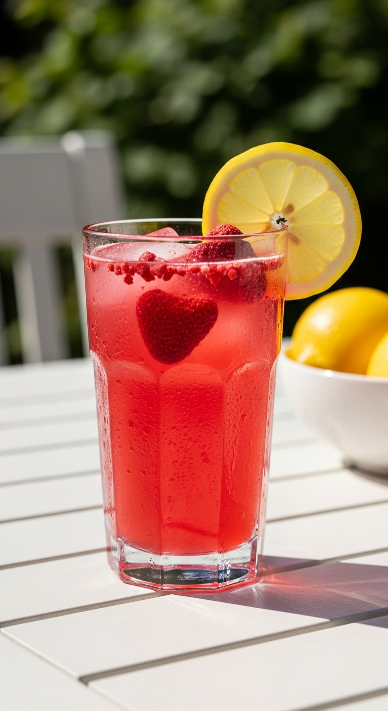 Vibrant Strawberry Acai Lemonade Refresher With A Lemon Wheel And Freeze Dried Strawberries On A White Patio Table