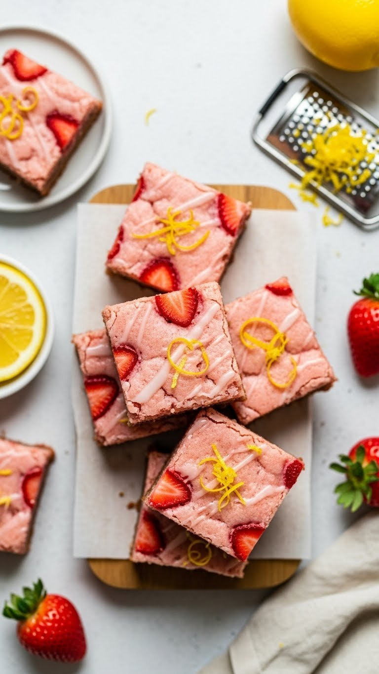 Vibrant Strawberry Lemon Blondies With Chewy Texture, Red Strawberry Flecks, Lemon Zest, And Subtle Glaze On A Cutting Board.
