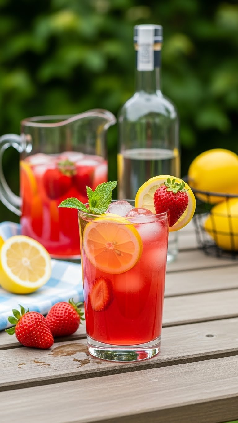 Vibrant Strawberry Lemonade Vodka Cocktail With Ice Cubes And Fresh Fruit Garnish On Wooden Picnic Table.