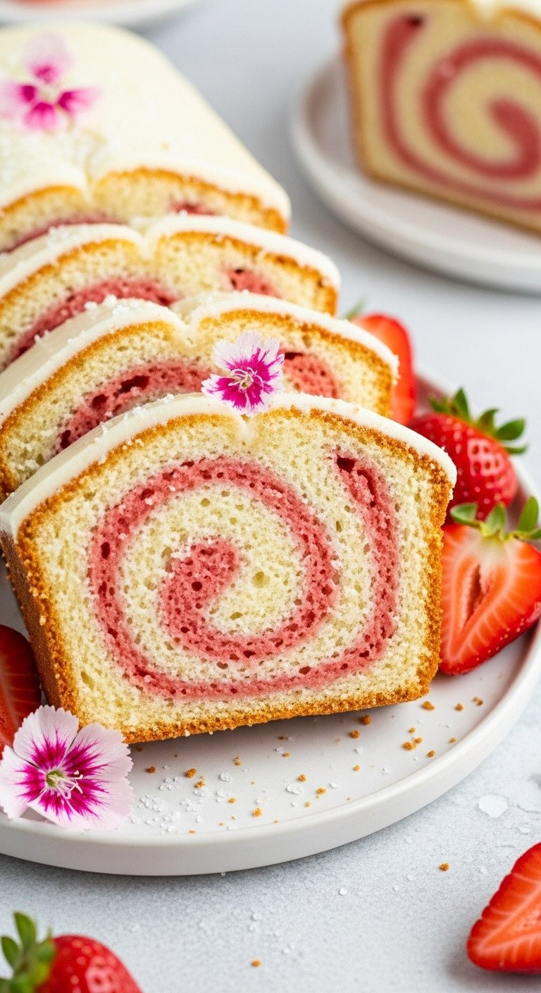 Vibrant Strawberry Swirl Pound Cake Slices, Pink Swirl, On A White Plate With Fresh Strawberries And Fine Sugar.