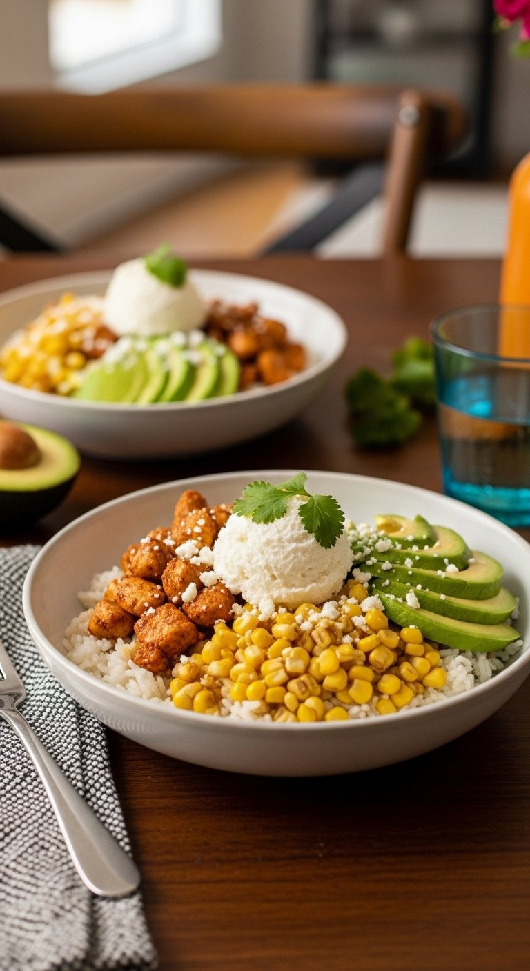 Vibrant Street Corn Chicken Rice Bowl With Avocado And Cilantro In A Shallow Ceramic Dish.