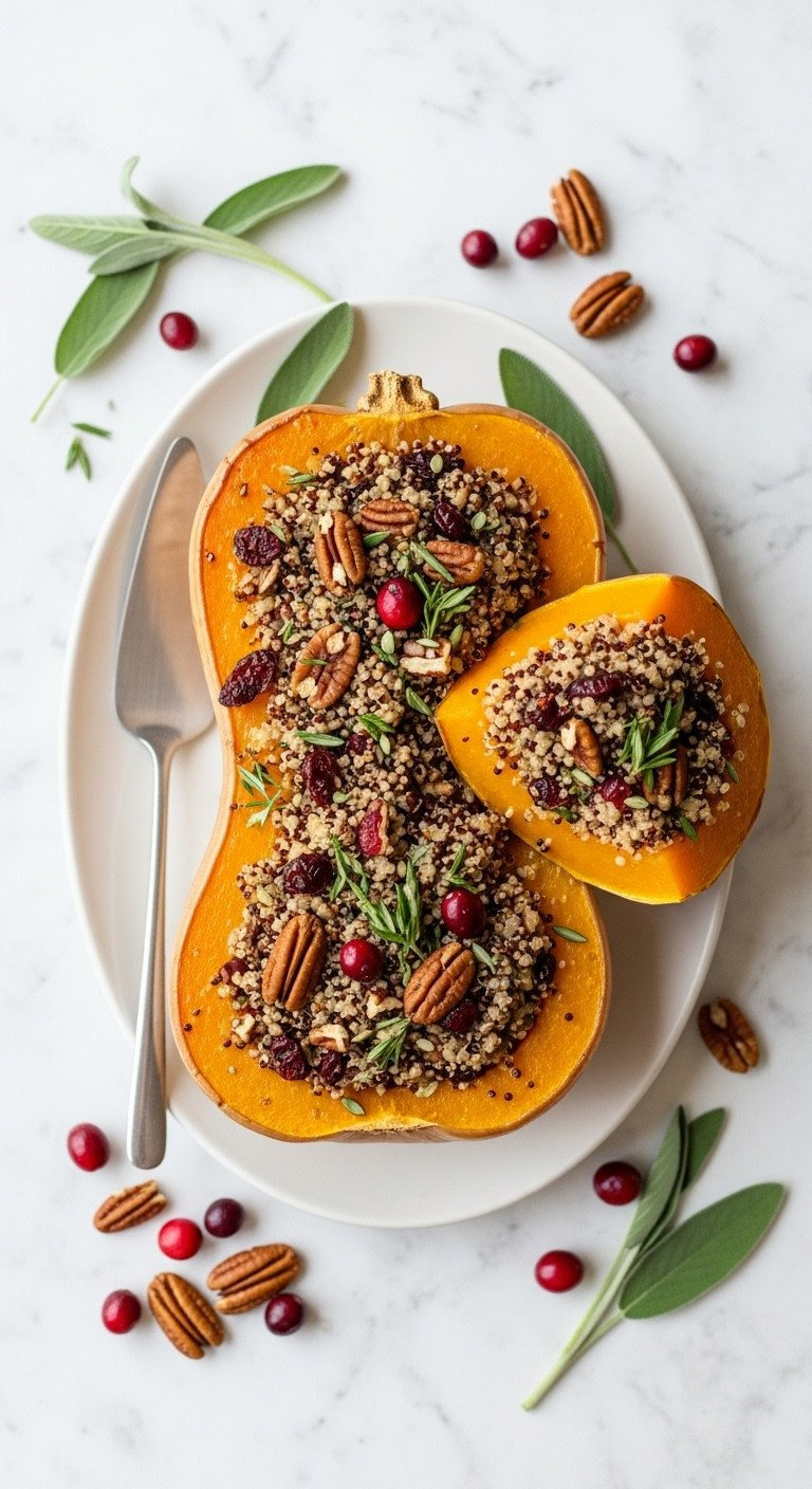 Vibrant Stuffed Butternut Squash Halves With Quinoa, Cranberries, Pecans. Wholesome Vegan Festive Recipe.