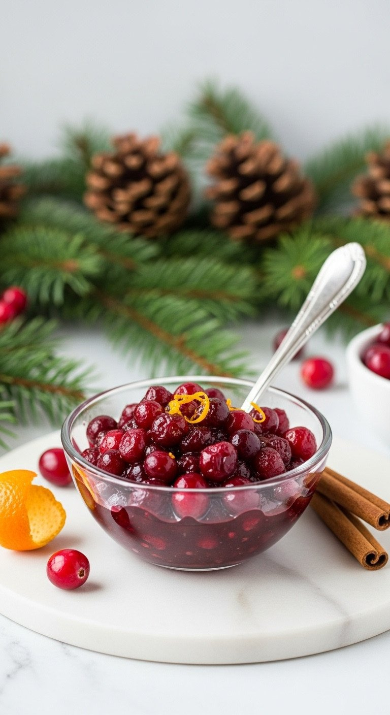 Vibrant Sugar-Free Cranberry Sauce With Whole Cranberries And Orange Zest In A Crystal Bowl On Marble, Festive Setting.