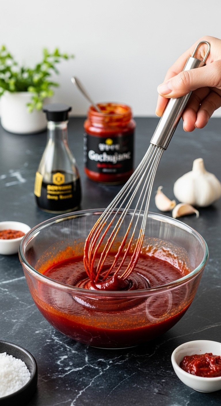 Vibrant Sweet And Spicy Korean Red Sauce Being Whisked In A Glass Bowl With Gochujang And Soy Sauce Ingredients.