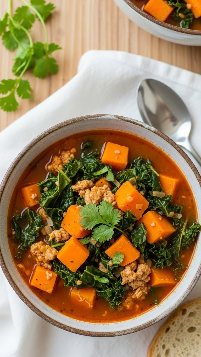 Vibrant Sweet Potato And Kale Stew With Chicken In A Rich Broth, Garnished With Fresh Cilantro In A Rustic Ceramic Bowl.