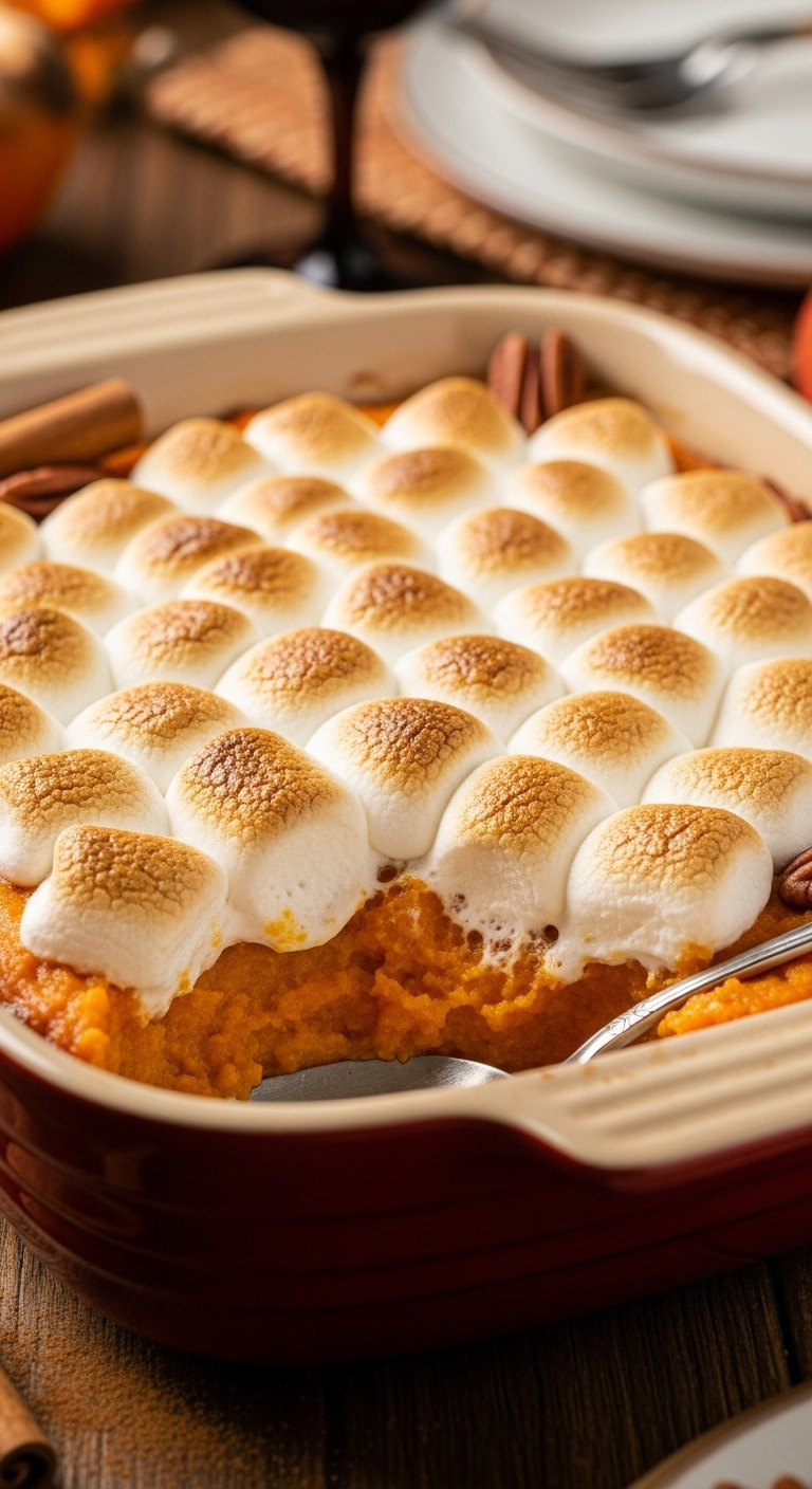 Vibrant Sweet Potato Casserole Topped With Golden-Brown Toasted Marshmallows In A Rustic Ceramic Dish. Perfect Thanksgiving Side.