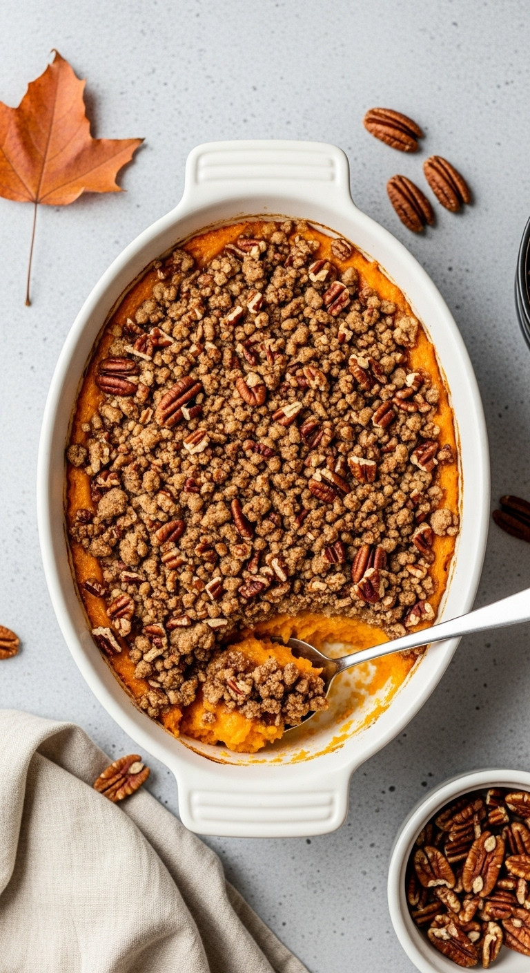 Vibrant Sweet Potato Casserole With Pecan Brown Sugar Crumble In White Dish, Scooped. Thanksgiving Side.