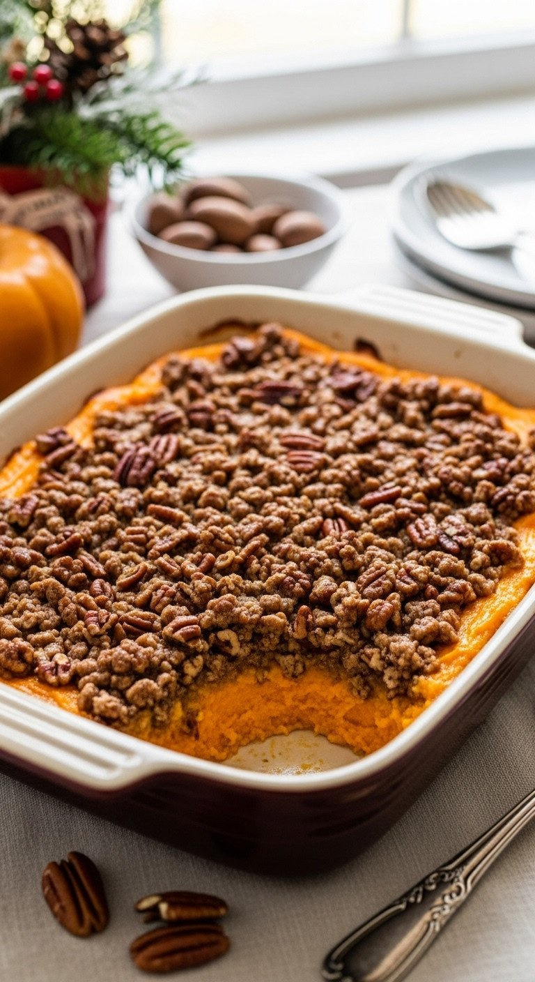 Vibrant Sweet Potato Casserole With Pecan Streusel, In A Rustic Dish On A Linen Cloth, With Scattered Pecans &Amp; Holiday Decor.