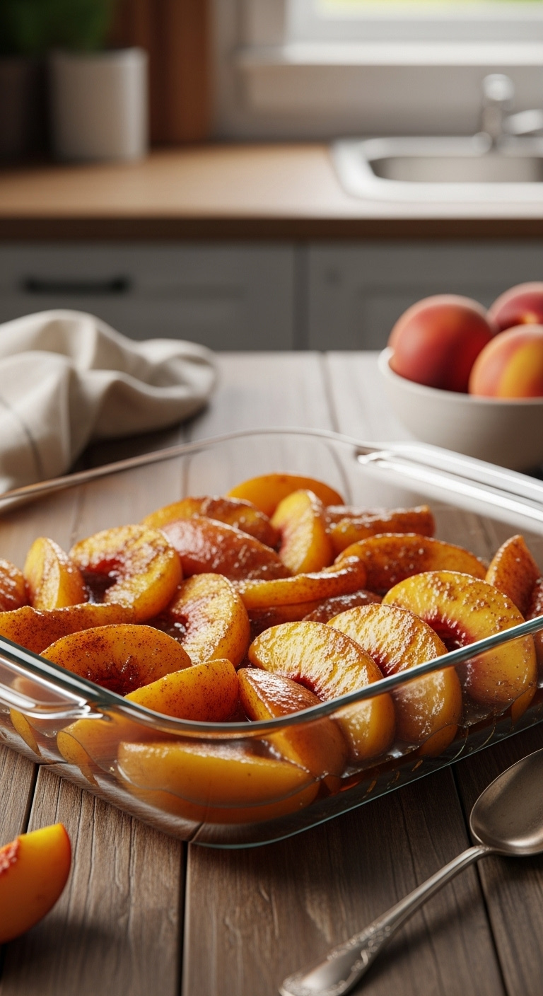 Vibrant Syrupy Peach Filling In A Clear Glass Baking Dish On A Rustic Wood Table With Blurred Kitchen Background