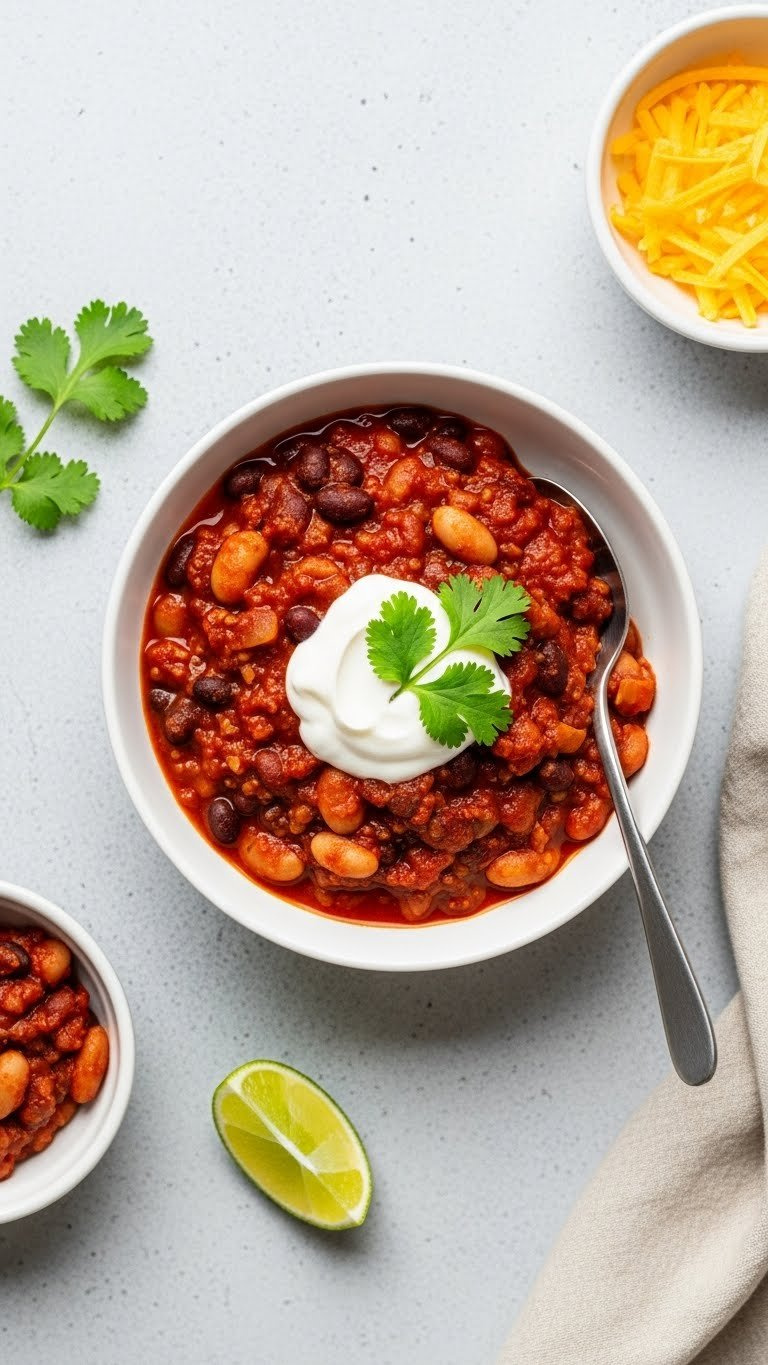 Vibrant Three-Bean Vegetarian Chili With Sour Cream And Cilantro Garnish In White Bowl On Concrete Surface