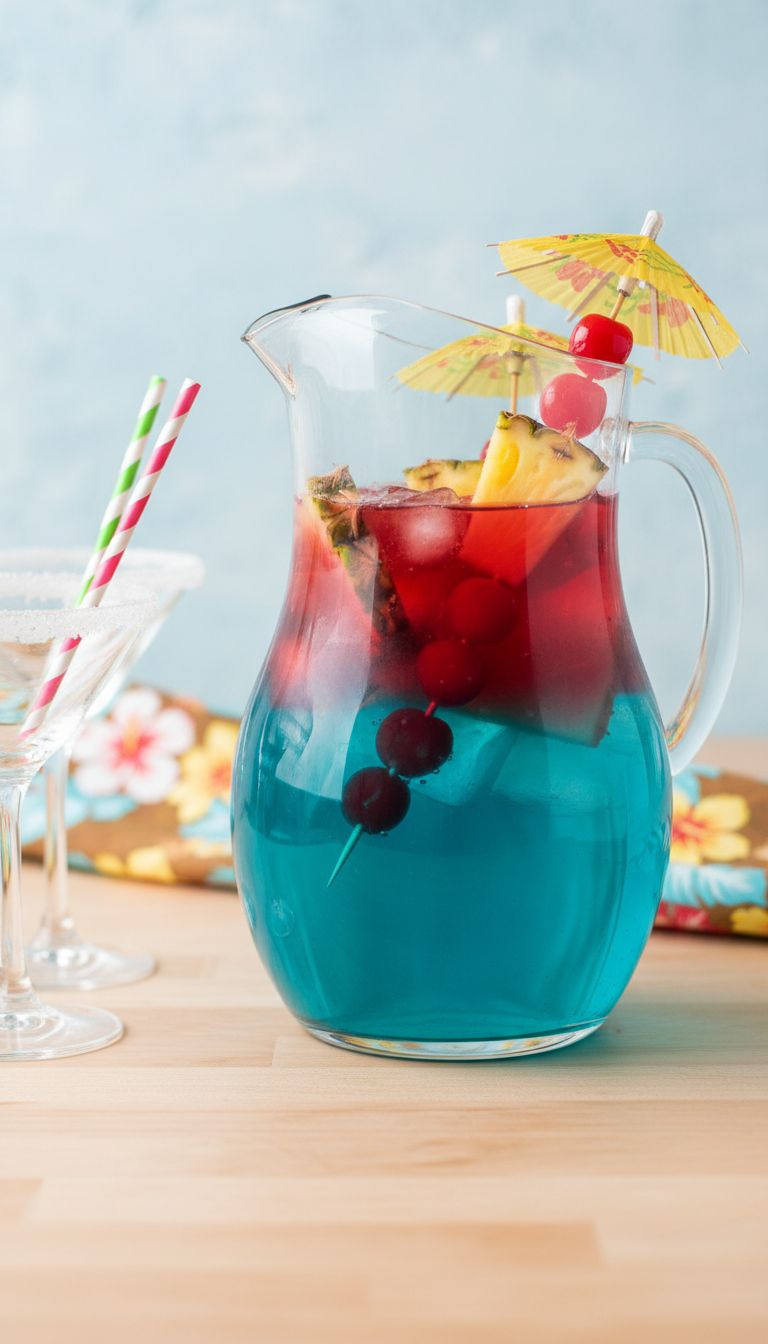 Vibrant Tropical Hawaiian Christmas Punch In Pitcher, Layered Blue And Red, Garnished With Pineapple, Cherries, Cocktail Umbrellas.