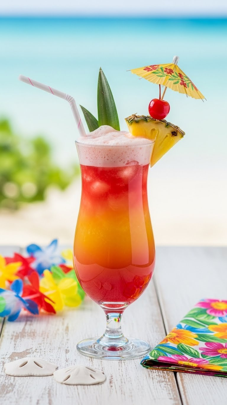Vibrant Tropical Island Fizz Mocktail In Hurricane Glass With Pineapple Wedge And Paper Umbrella