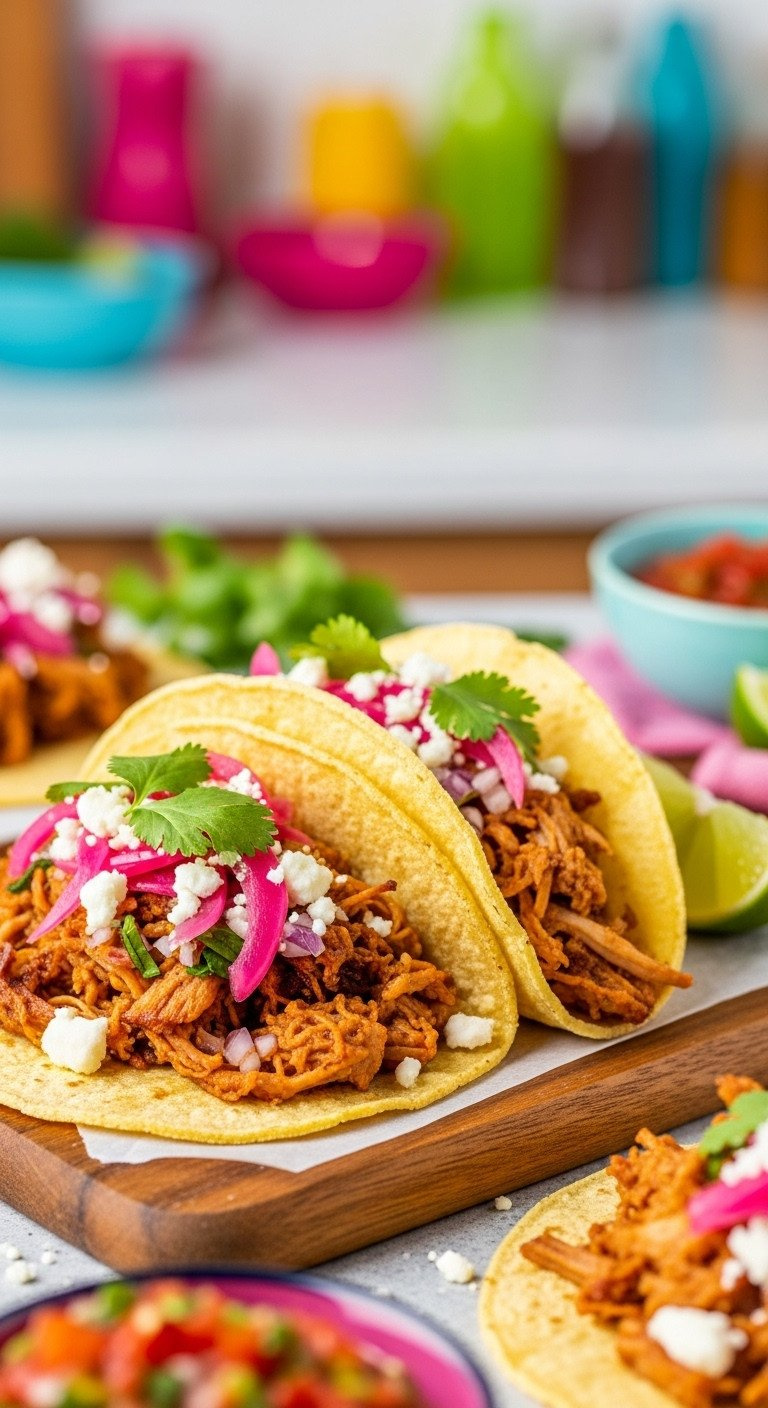 Vibrant Turkey Carnitas Tacos On A Wooden Board, Filled With Shredded Turkey, Cotija Cheese, Pickled Onions, Cilantro.