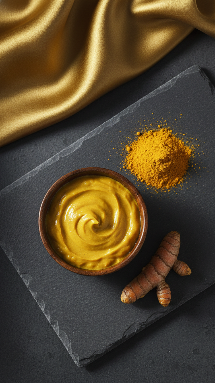 Vibrant Turmeric Baking Soda Paste In Dark Wooden Bowl With Turmeric Powder On Slate Surface