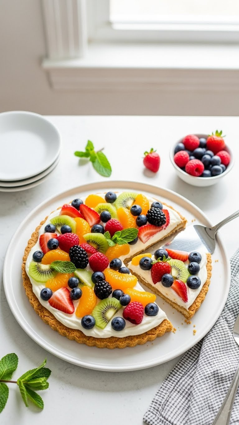 Vibrant Vegan Fruit Pizza With Colorful Fresh Fruit Arrangement On Sugar Cookie Crust With Coconut Cream