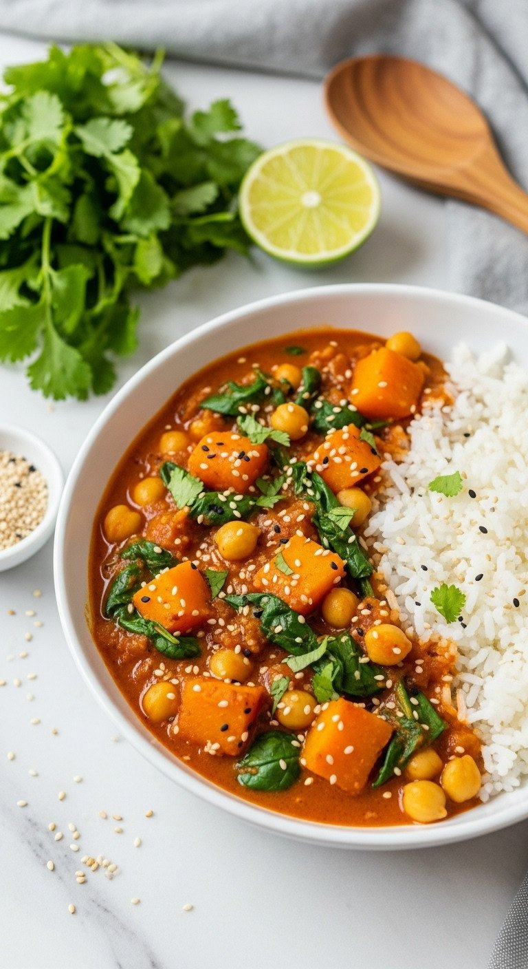 Vibrant Vegan Pumpkin Curry With Chickpeas, Spinach, Roasted Pumpkin, And White Rice In A Ceramic Bowl.