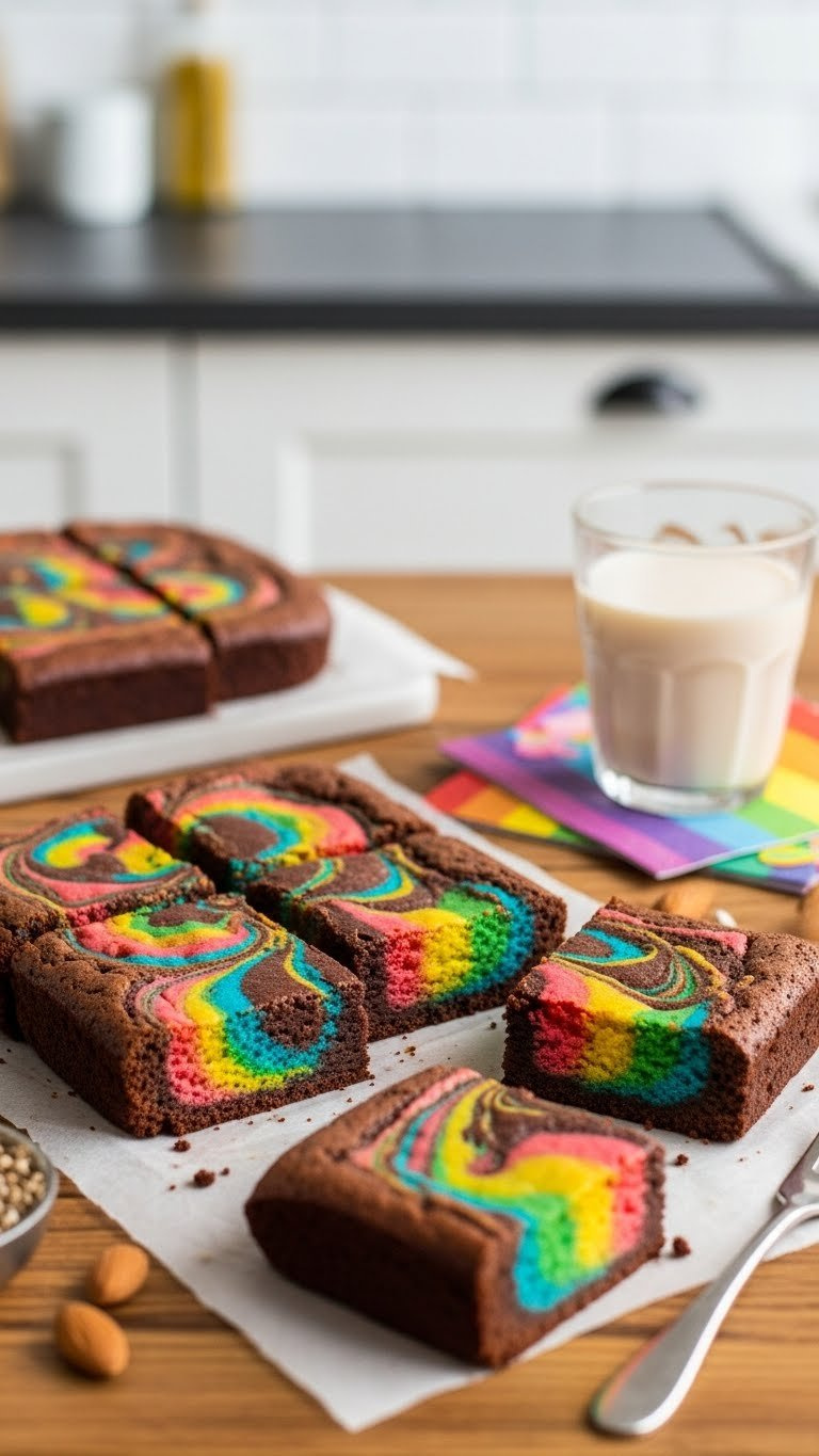 Vibrant Vegan Rainbow Swirl Brownies With Colorful Batter Patterns Cut Into Perfect Squares On Rustic Wooden Table