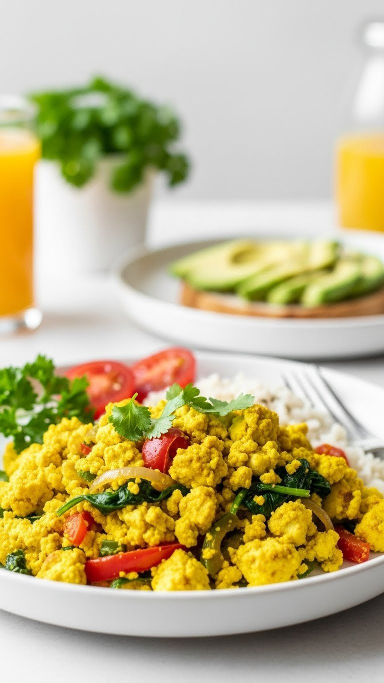 Vibrant Vegan Tofu Scramble With Turmeric And Colorful Vegetables In A Bright Bowl On A Minimalist White Plate, With Avocado Toast And Fruit.