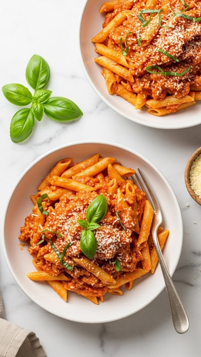 Vibrant Vegan Tomato Pasta With Fresh Basil In A Shallow Bowl On A Marble Countertop, Alongside A Fork And Vegan Parmesan Cheese, Under Bright Daylight.