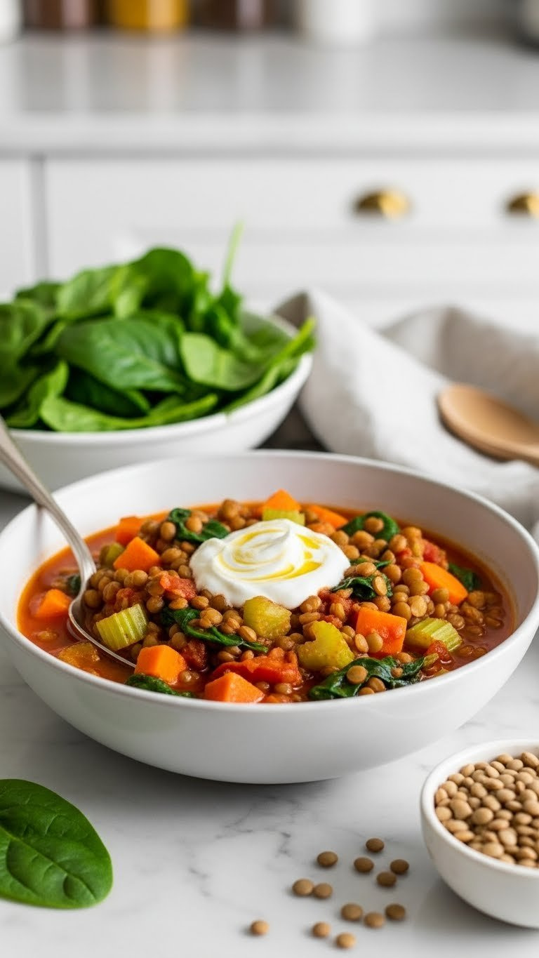 Vibrant Vegetarian Lentil Stew With Brown Lentils, Carrots, Celery, And Spinach In Modern Ceramic Bowl