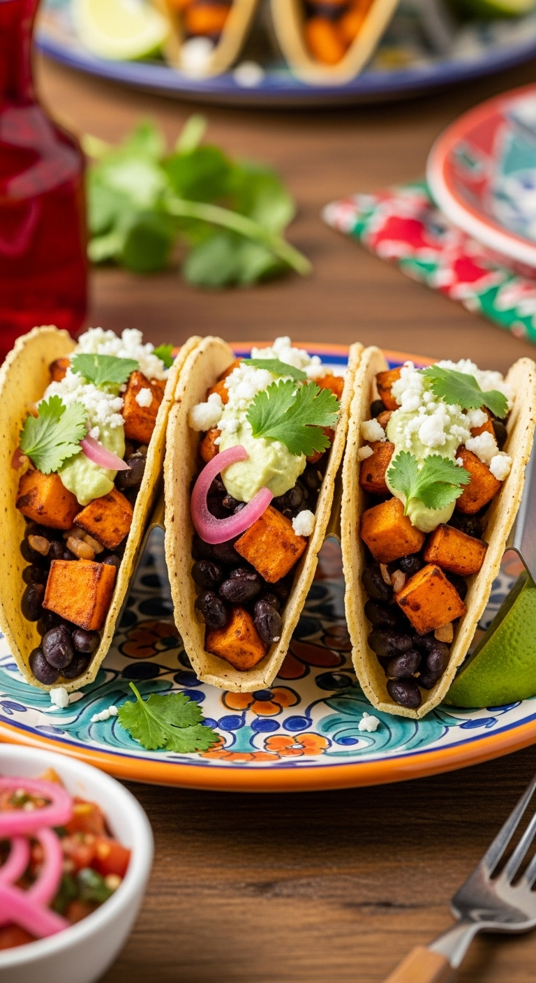 Vibrant Vegetarian Sheet Pan Tacos With Roasted Sweet Potato Black Beans Avocado Crema Cotija And Cilantro In A Taco Holder With Salsa
