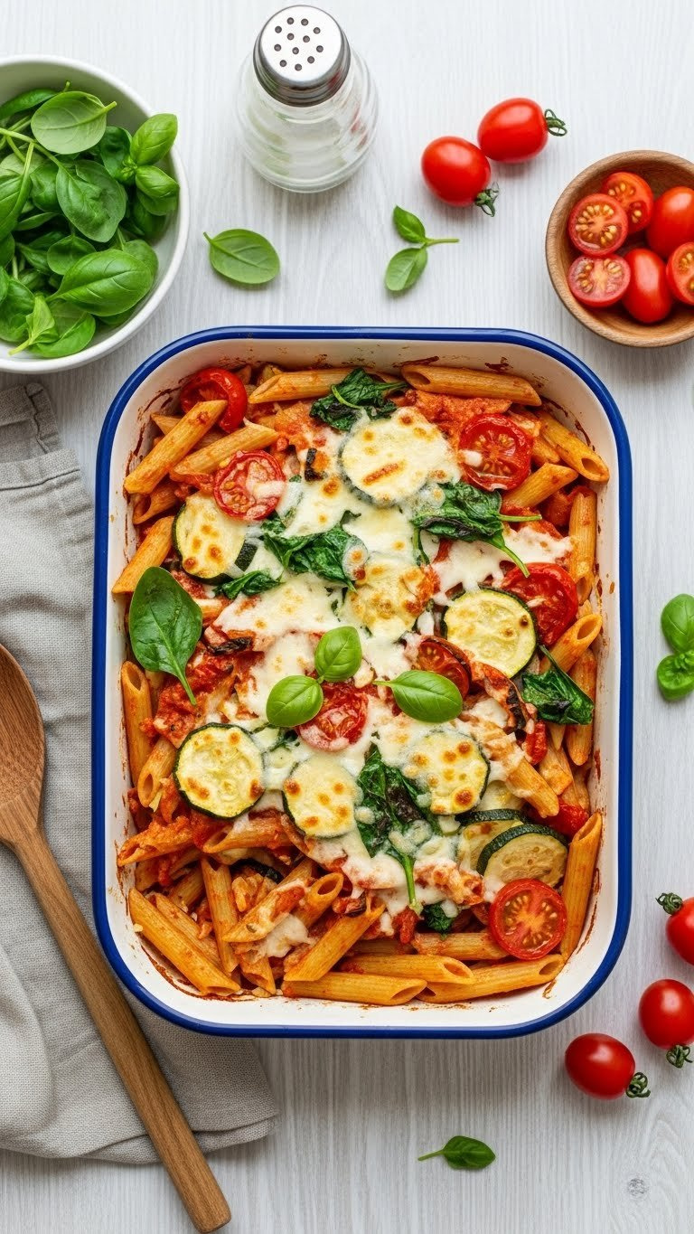 Vibrant Veggie-Loaded Penne Bake With Roasted Bell Peppers, Zucchini, And Spinach Topped With Melted Mozzarella.