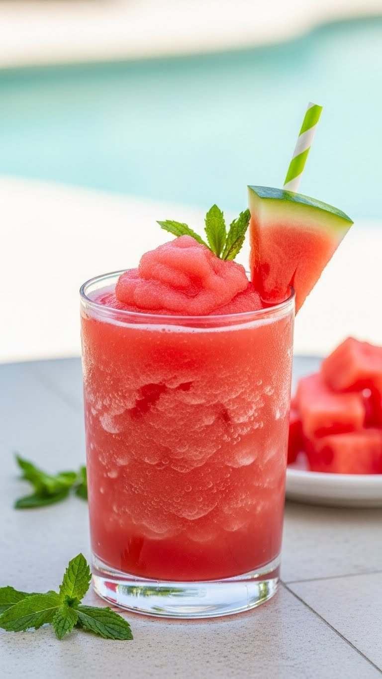 Vibrant Watermelon Sprite Slushie In Clear Tumbler With Thick Icy Texture And Watermelon Wedge Garnish On Light Patio Table